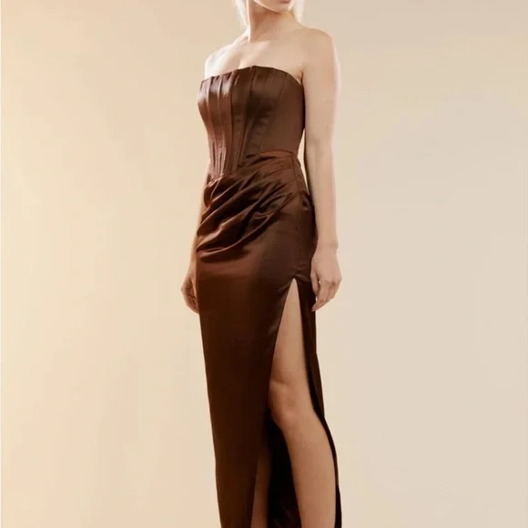 Bardot | Dresses | Bardot Brown Strapless Slit Gown | Poshmark